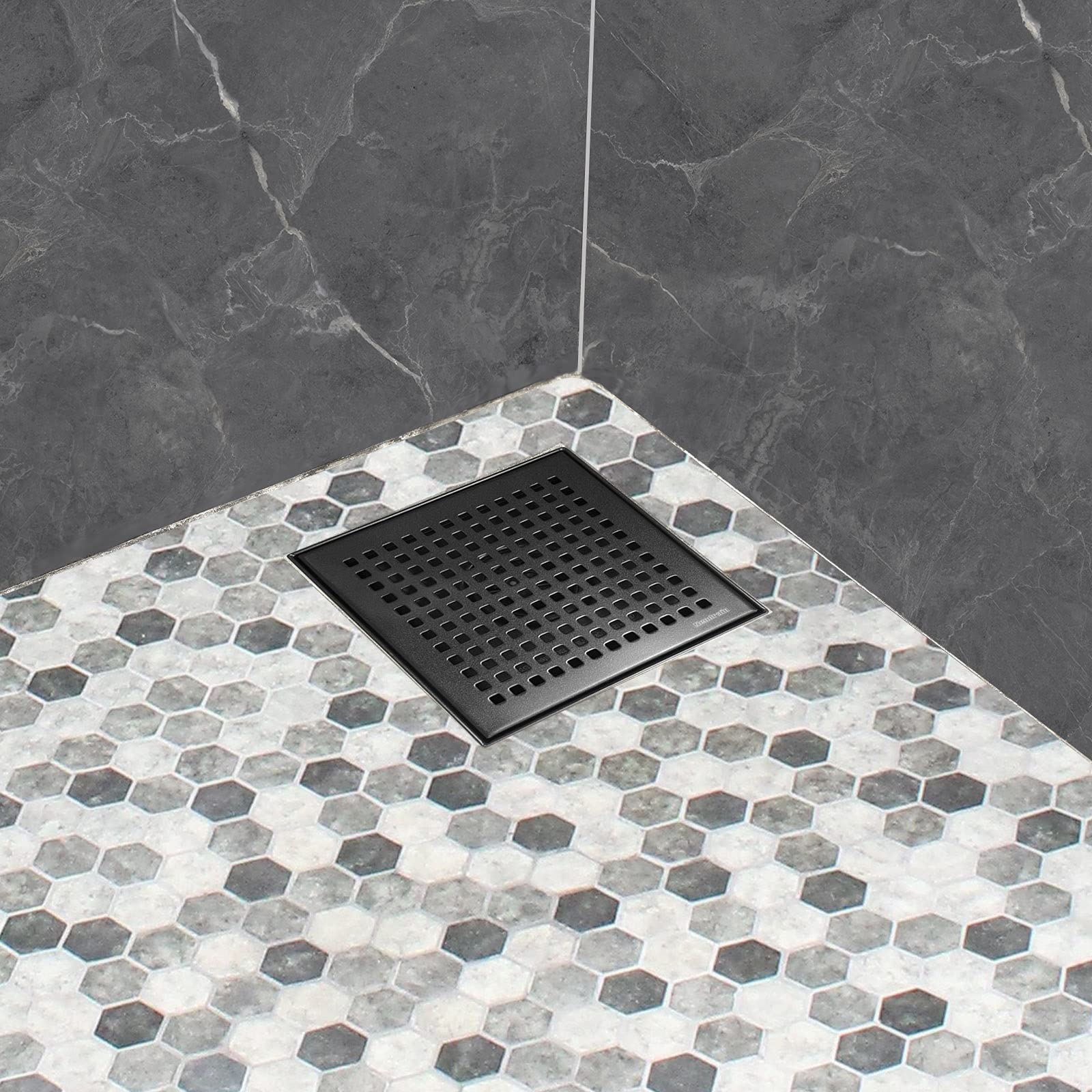 Neodrain Quadratischer Duschablauf mit abnehmbarem Quadrato-Muster, 15,2 cm, 304 Edelstahl, inklusive Duschablauf-Basis, Haarsieb, Schwarz