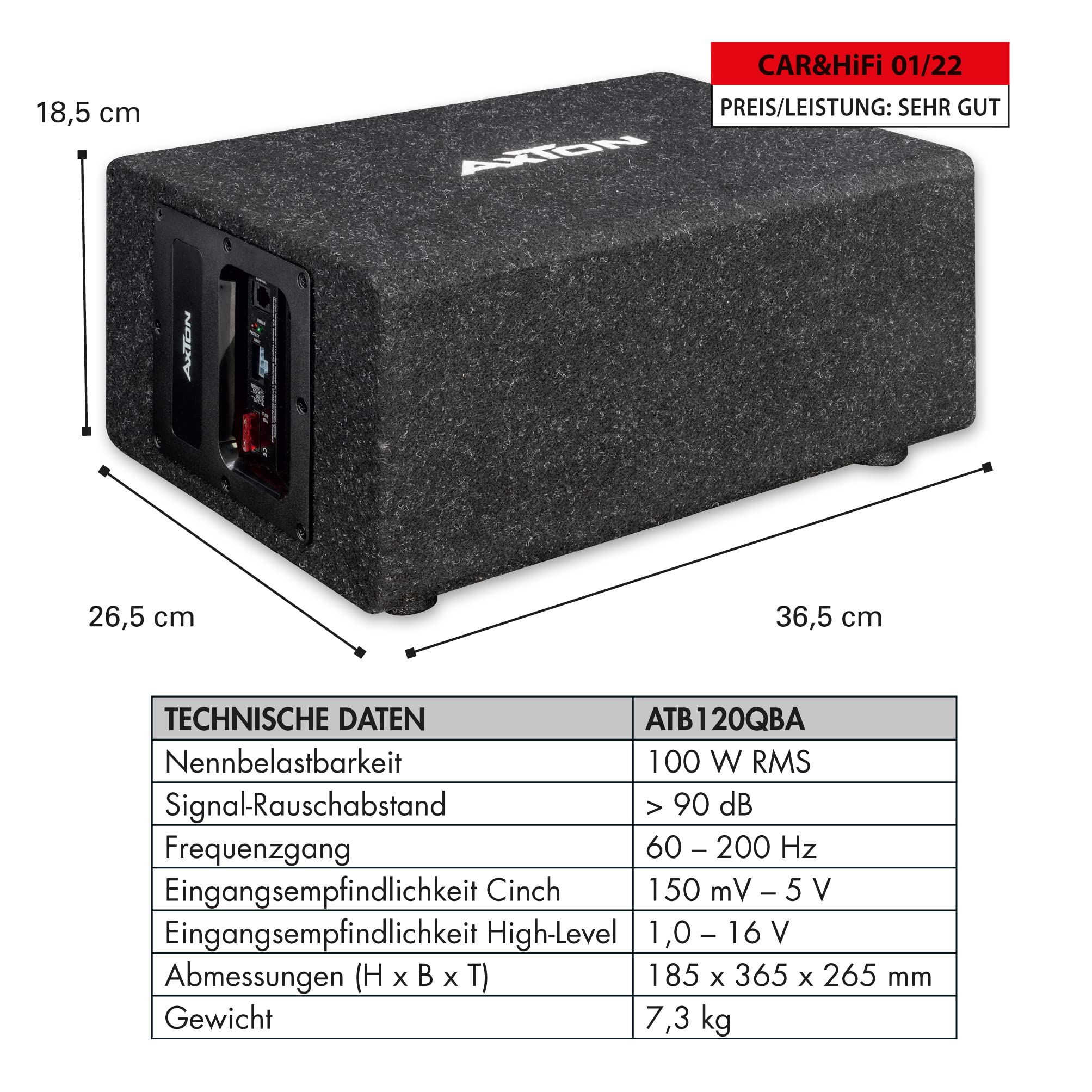 AXTON ATB120QBA – 20 cm Aktivsubwoofer, aktive Bassbox, 100 W RMS