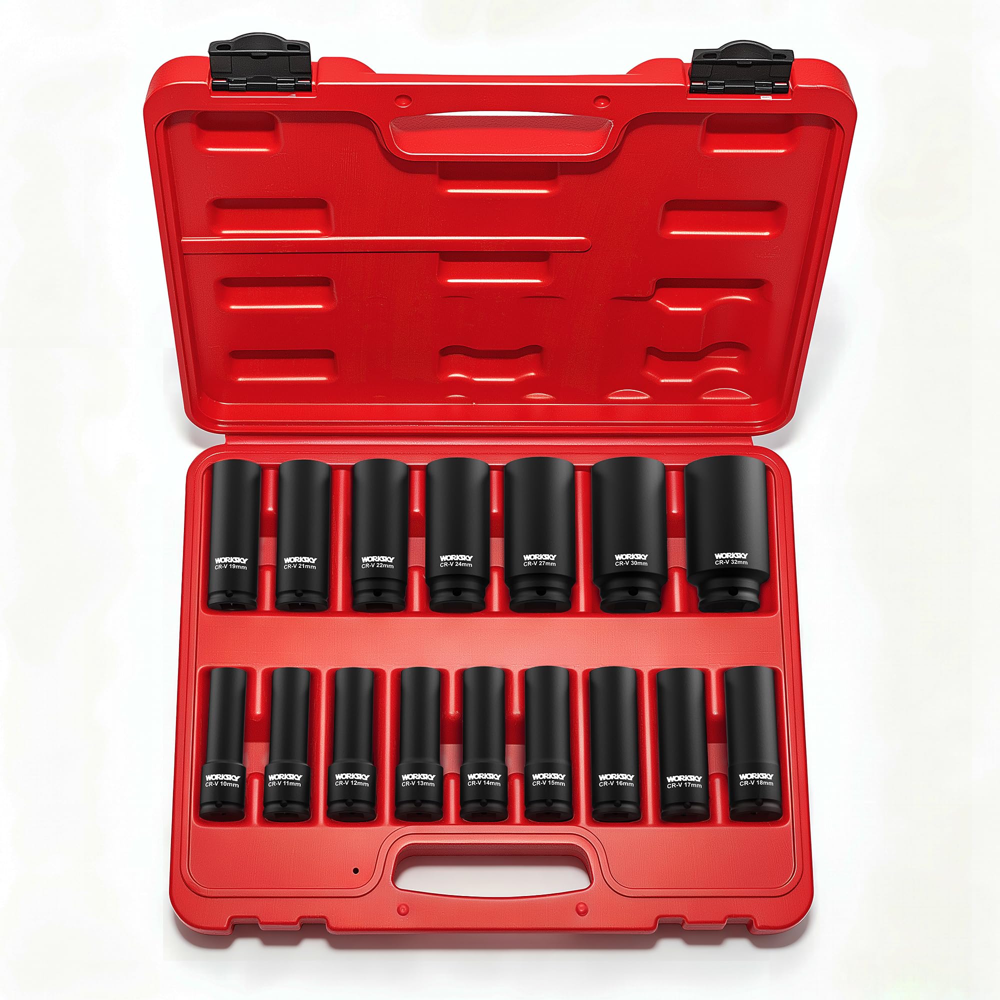 WORKSKY 1/2 Inch Drive Socket Set, 16 Pieces 6 Point Standard Sockets, CR-V Metric Tool Set for Car Repair, Bicycle,DIY