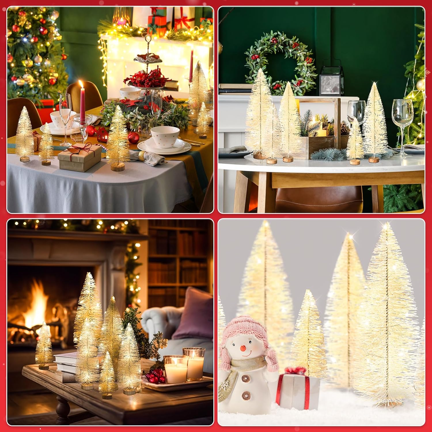 16 Pcs Artificial Mini Christmas Trees with String Lights 5.9-11.8 Inch Small Bottle Brush Trees with 10 LED Light Sisal Tree Tabletop for Xmas Table Decor(Beige)