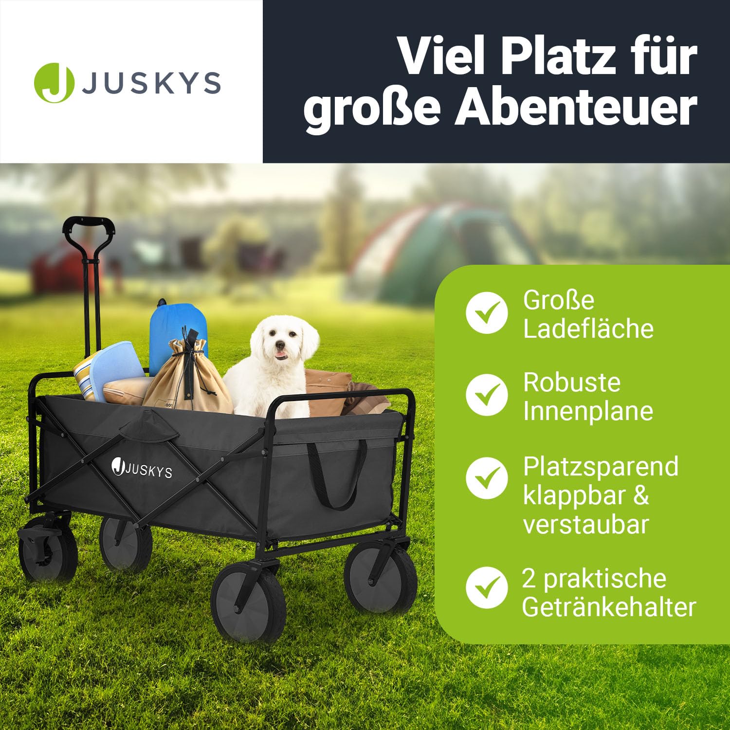 Juskys Bollerwagen 100 kg Tragkraft - Transportwagen faltbar - Einkaufen, Outdoor & Camping - Strandwagen Faltbollerwagen Handwagen Schwarz
