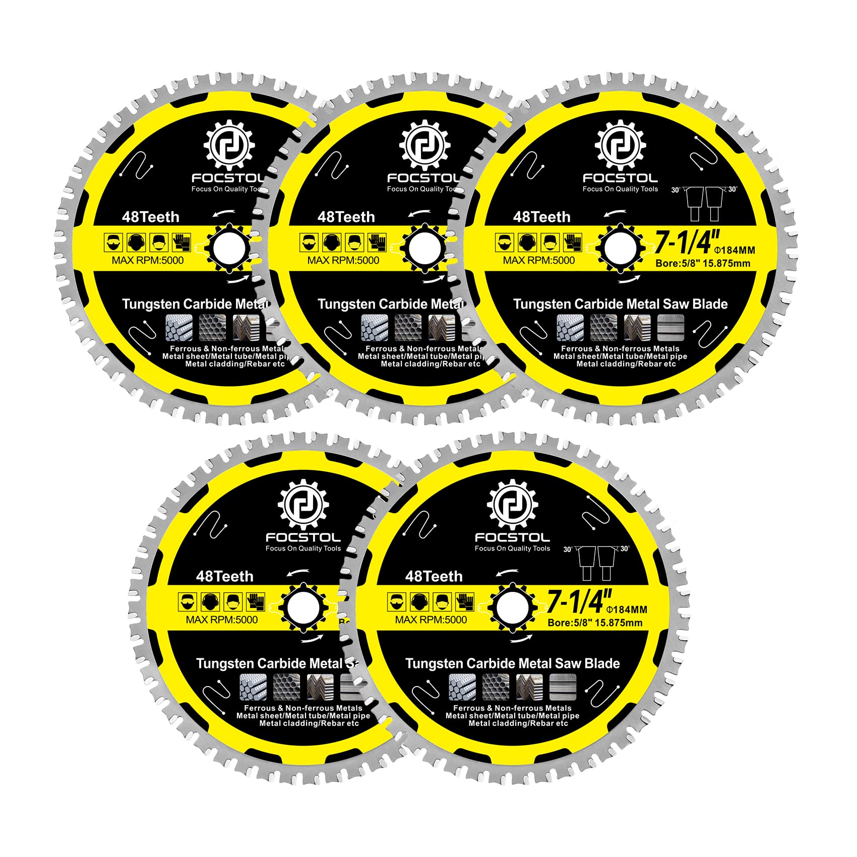 184mm Metal Cutting Circular Saw Blade - FOCSTOL 5pcs Tungsten Carbide Tipped Saw Blade 48T for Iron Ferrous Metals Steel Pipe Arbor 15.875mm