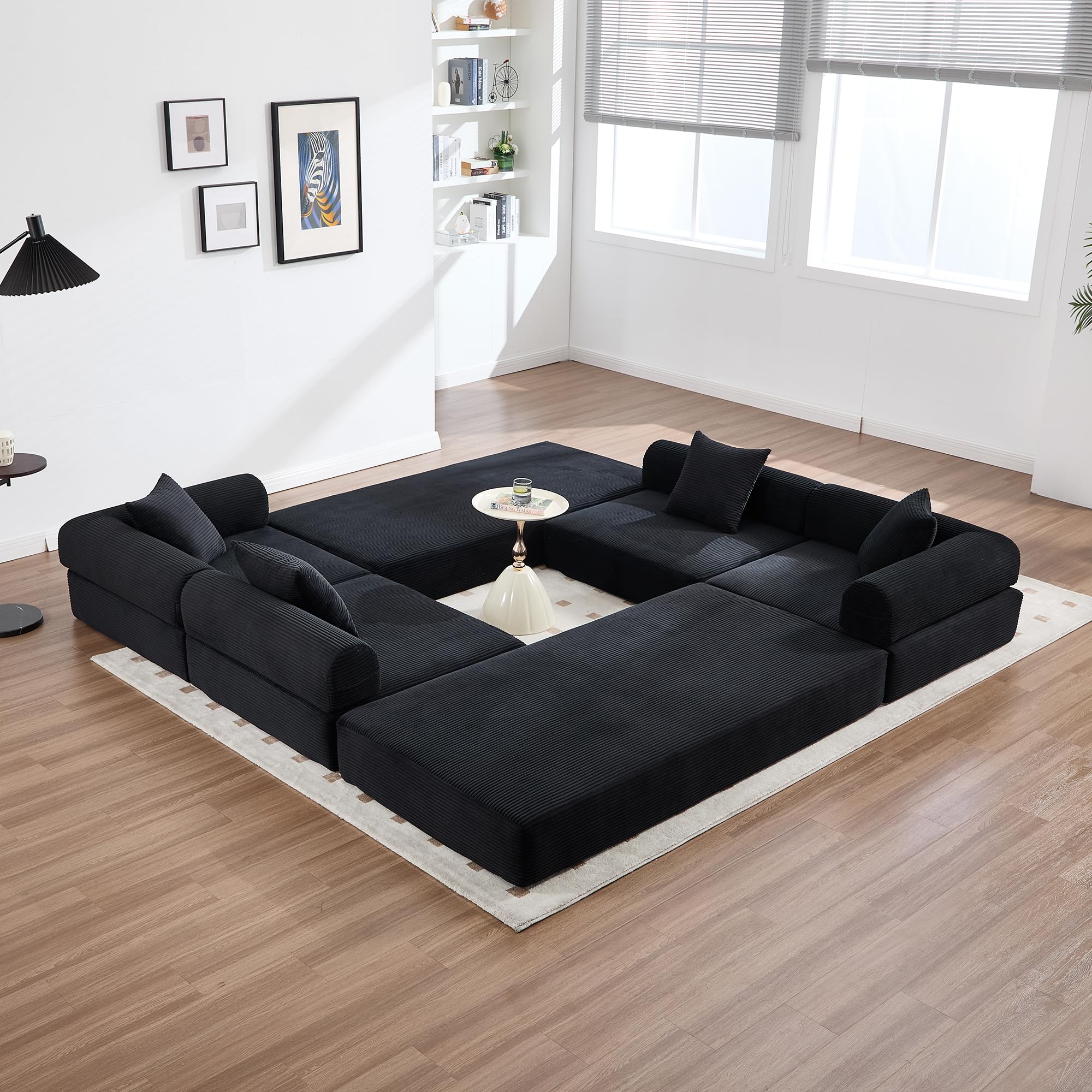Sapgaks Canapé Convertible 4 Places avec Structure en métal Robuste, Poches latérales et 5 Coussins,canapé modulaire en Velours côtelé,Peut être combiné Librement,canapé lit,Noir