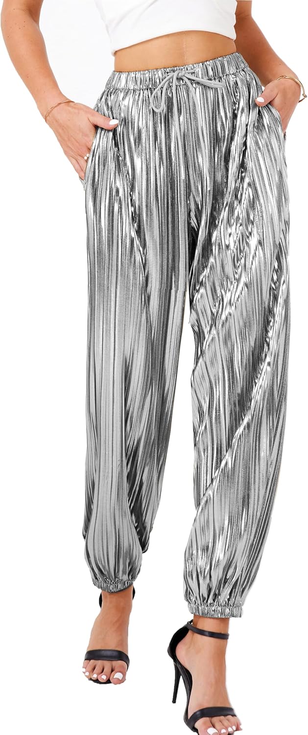 heipeiwa Women's Metallic Pleated Sequin Shiny Joggers Pants Party Club Wear Sweatpant Trouser