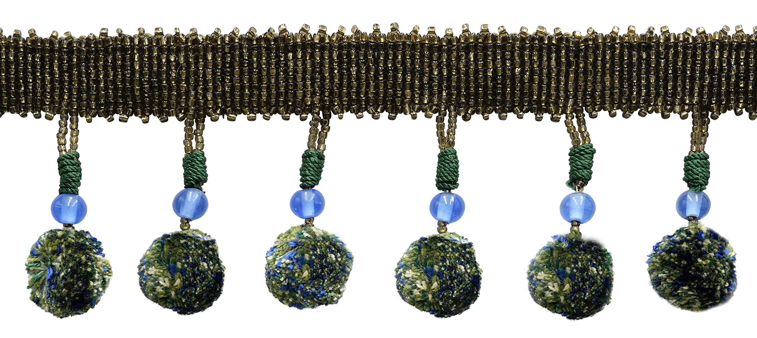 Bordure de franges en perles de verre Marrakesh, passementerie de prestige vert olive 11m