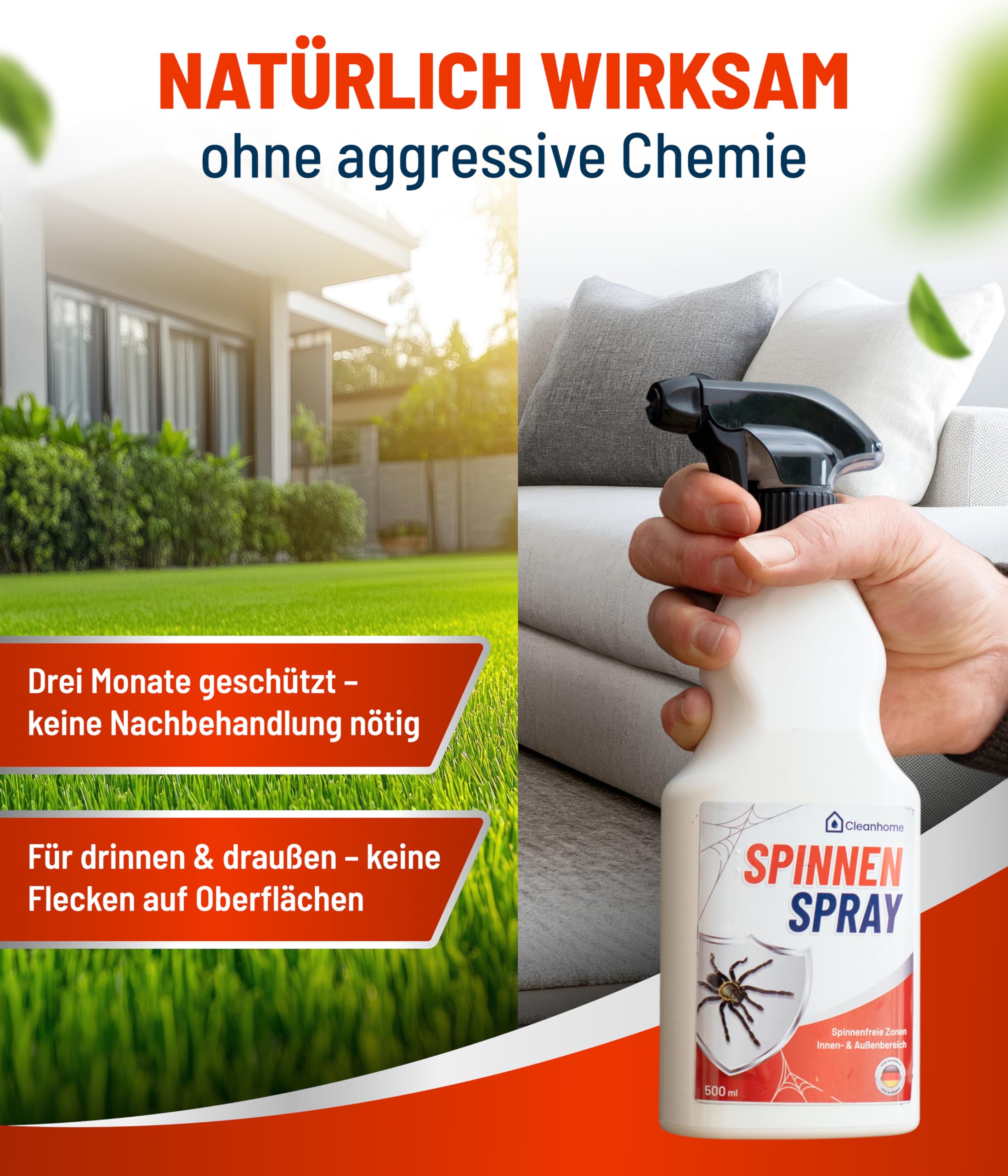 CLEANHOME® Spinnenspray 500ml - Effektive Spinnenabwehr für Innen & Außen - Langzeitwirkung bis zu 3 Monate - Sicher für Haustiere - Ideal für Haus & Garten - Made in Germany