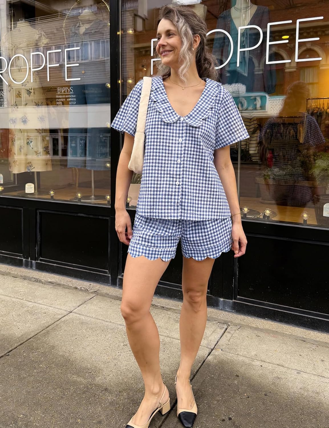 Kissonic Womens Gingham Pajama Set 2 Piece Scalloped Edge Plaid Babydoll Pjs Short Sleeve Cotton Sleepwear Lounge Set - Image 7