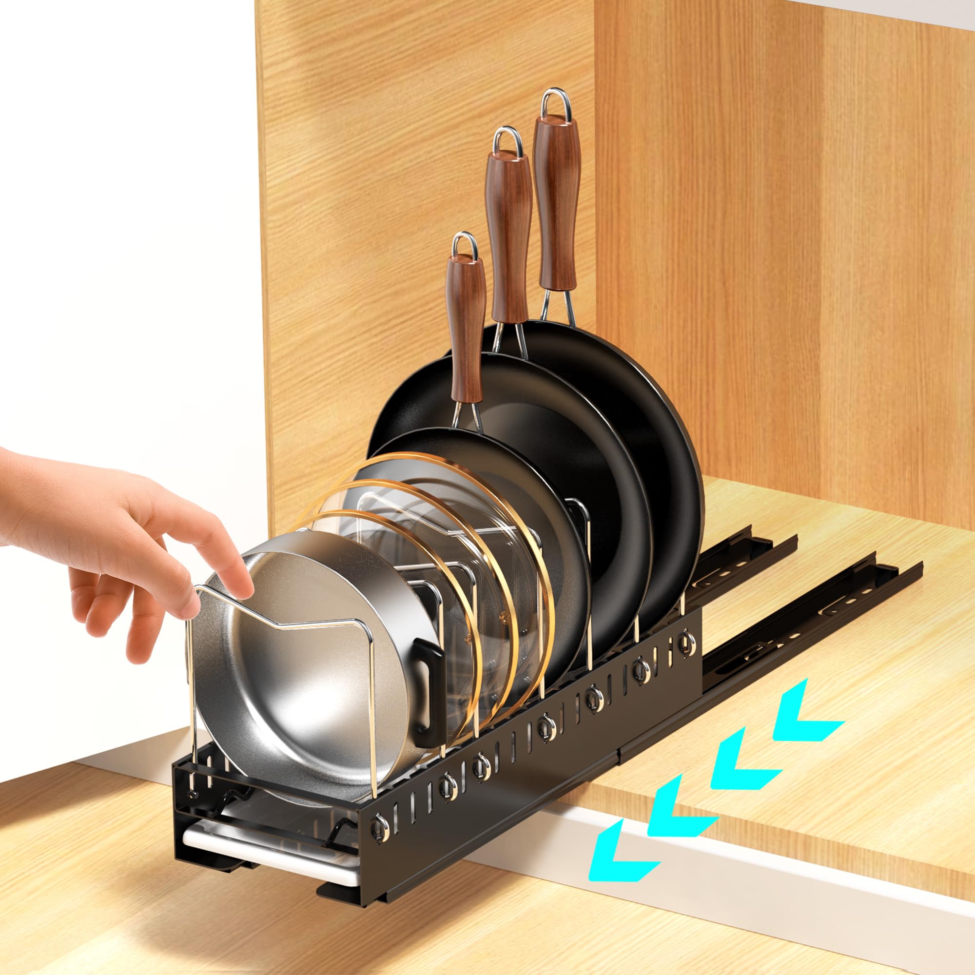 Topf- und Pfannen-Organizer unter dem Schrank, herausziehbarer Topfdeckel-Organizer für Schrank mit Ablaufschale, Topf-Organizer im Schrank mit 10 verstellbaren Trennwänden für Küchenschrank Küche, Haushalt & Wohnen