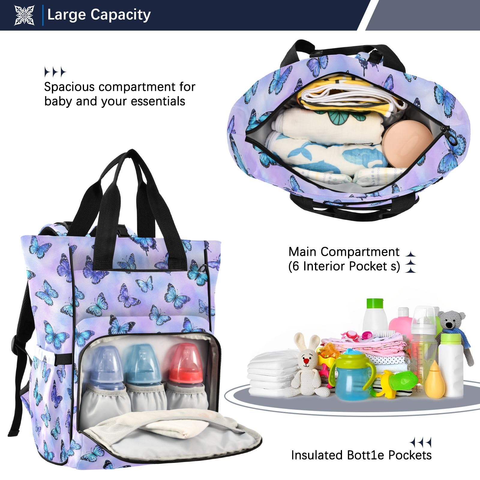 Mnsruu Borsa per pannolini a forma di farfalla, zaino grande, impermeabile, da viaggio, per mamme e papà