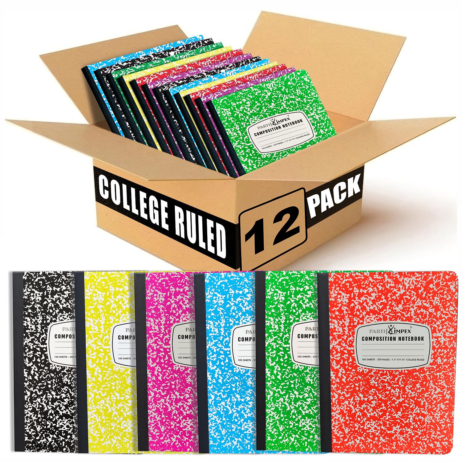 PARTH iMPEX Confezione da 12 quaderni per composizione universitaria a righe, 200 pagine (100 fogli), 22,5 x 19,5 cm, copertina rigida, a righe, colori assortiti, per scuola e ufficio