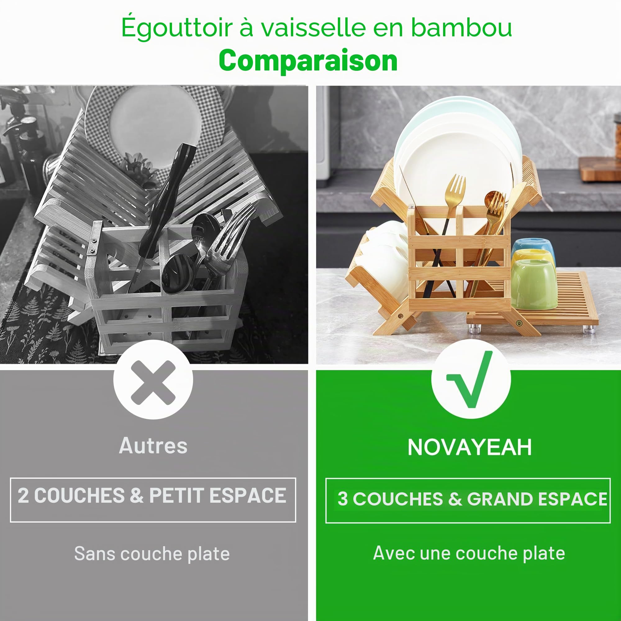 NOVAYEAH Égouttoir à Vaisselle en Bambou avec Porte-ustensiles, égouttoir à Vaisselle Pliable en Bois, Grand Support de séchage Pliable à 3 Niveaux pour comptoir de Cuisine