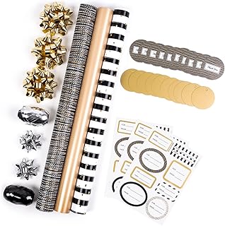 MAYPLUSS Wrapping Paper Set - Mini Roll with Bow & Ribbon & Gift Tags & Stickers- 17 inch X 120 inch Per roll - Black Gold...