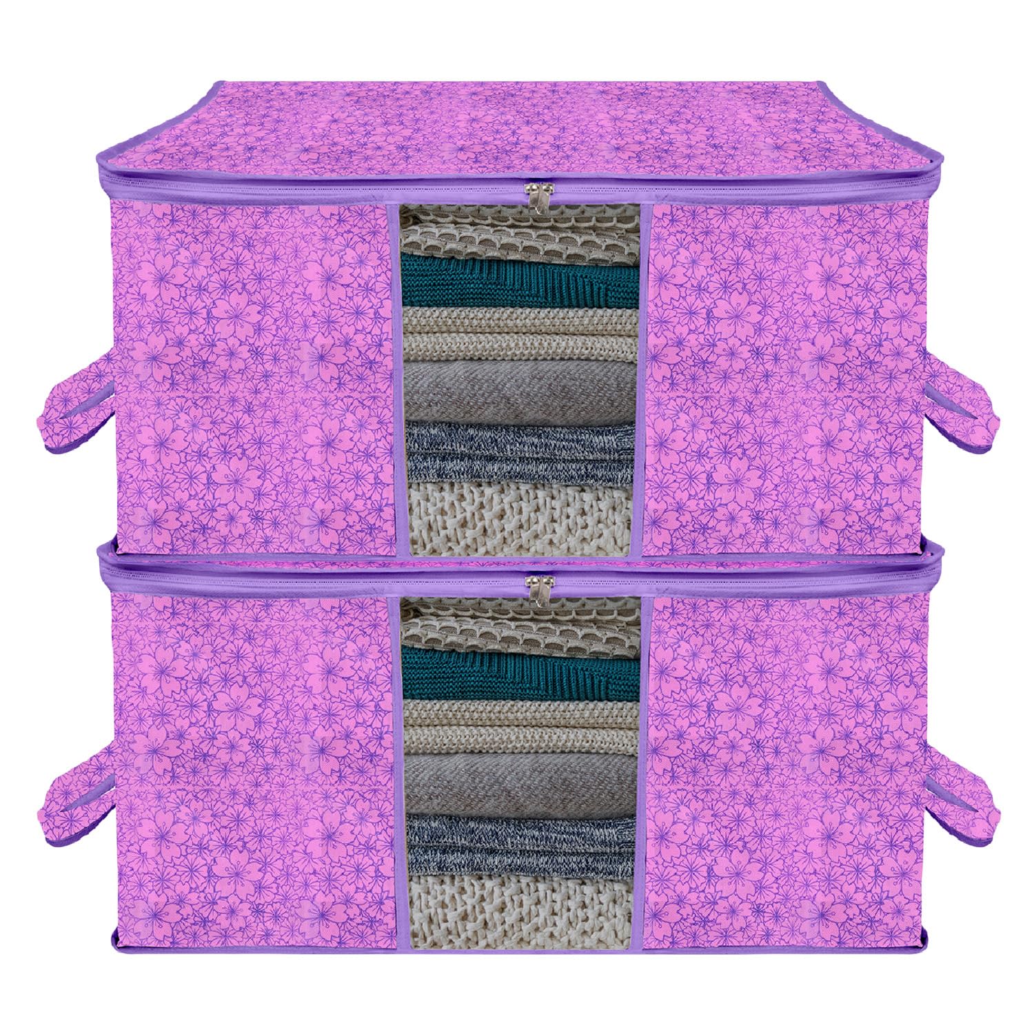 Urbane Home Underbed Storage Bag | Clothes Storage Organizer | Blanket Cover with Clear Window | Zipper Closure & Handle Cloth Organizer | Flower-Design | Large | Pack of 2 | Purple-image-4