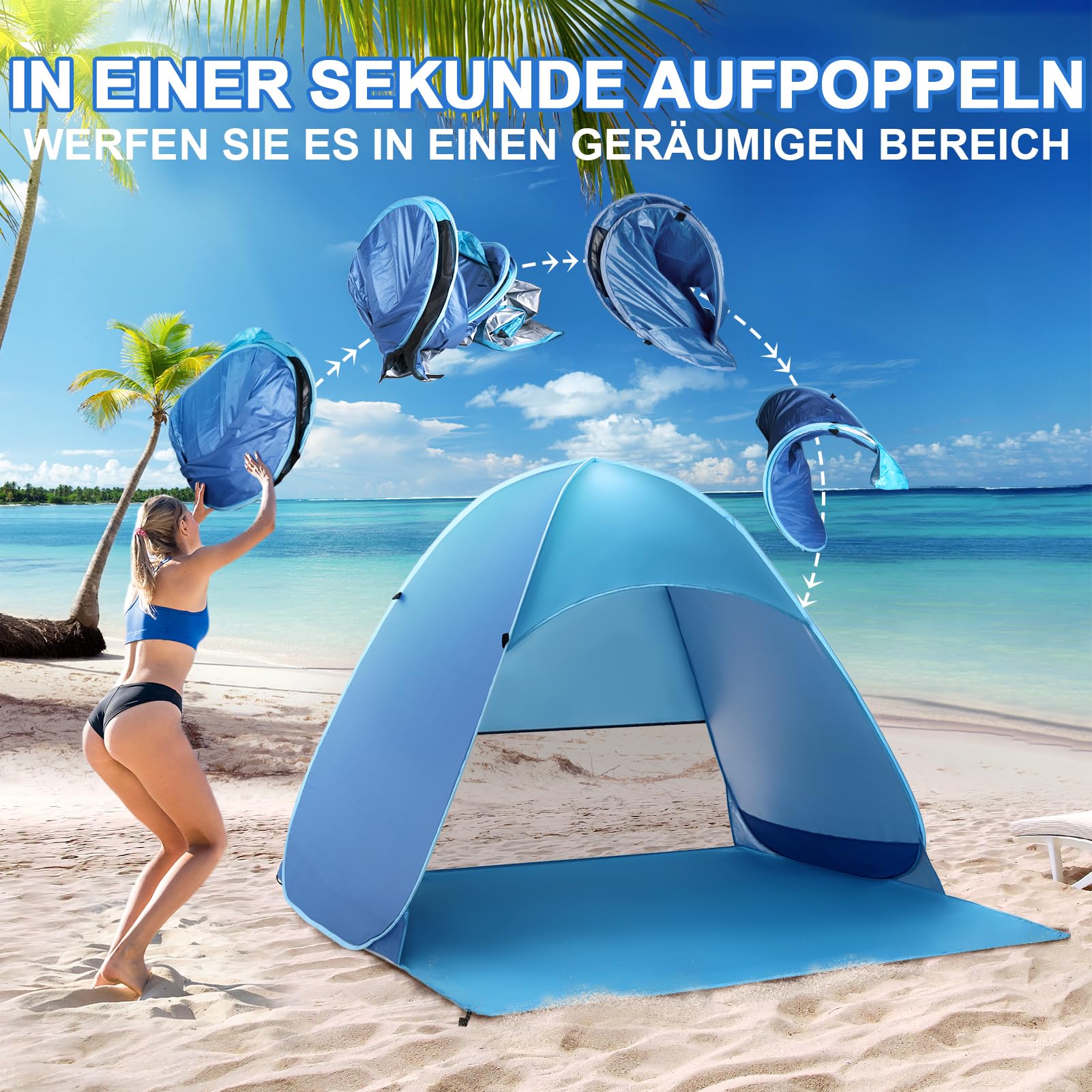 COVACURE Strandmuschel Pop Up XXL Strandzelt für 3–4 Personen, mit UV-Schutz UPF 50+ Ideal für Strand, Garten und Park