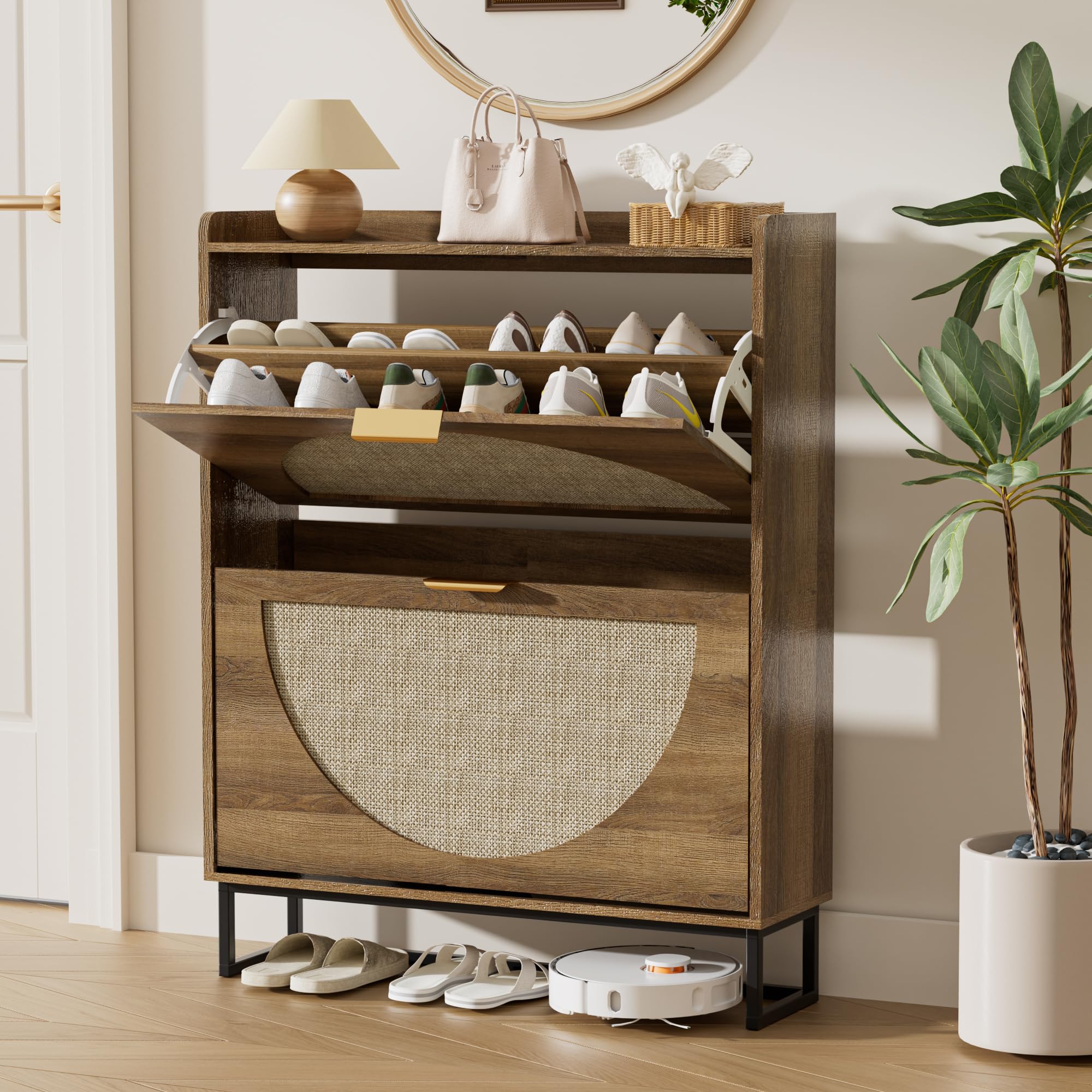 BonVache Schuhkommode mit 2 Schubladen, Rattan Design Schuhschrank Schmal Holz Für Flur, Schuhaufbewahrung mit Metallbeinen, Schuhorganizer für Eingangsbereich, Wohnzimmer, Schlafzimmer, 80x24x101cm