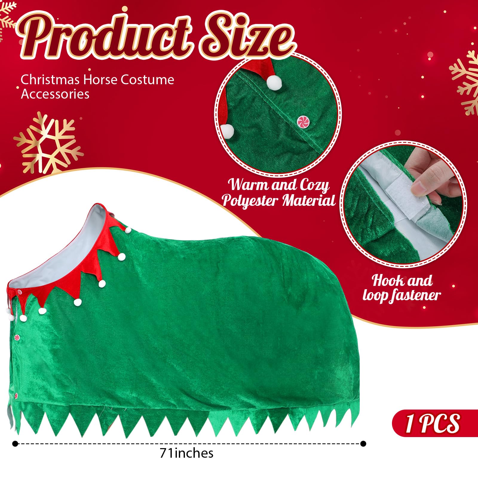 Paterr 7 Pcs Christmas Horse Accessory Set Xmas Santa Elf Horse Cape Halters Leg Wraps Hat Tack Costume Set - Image 3
