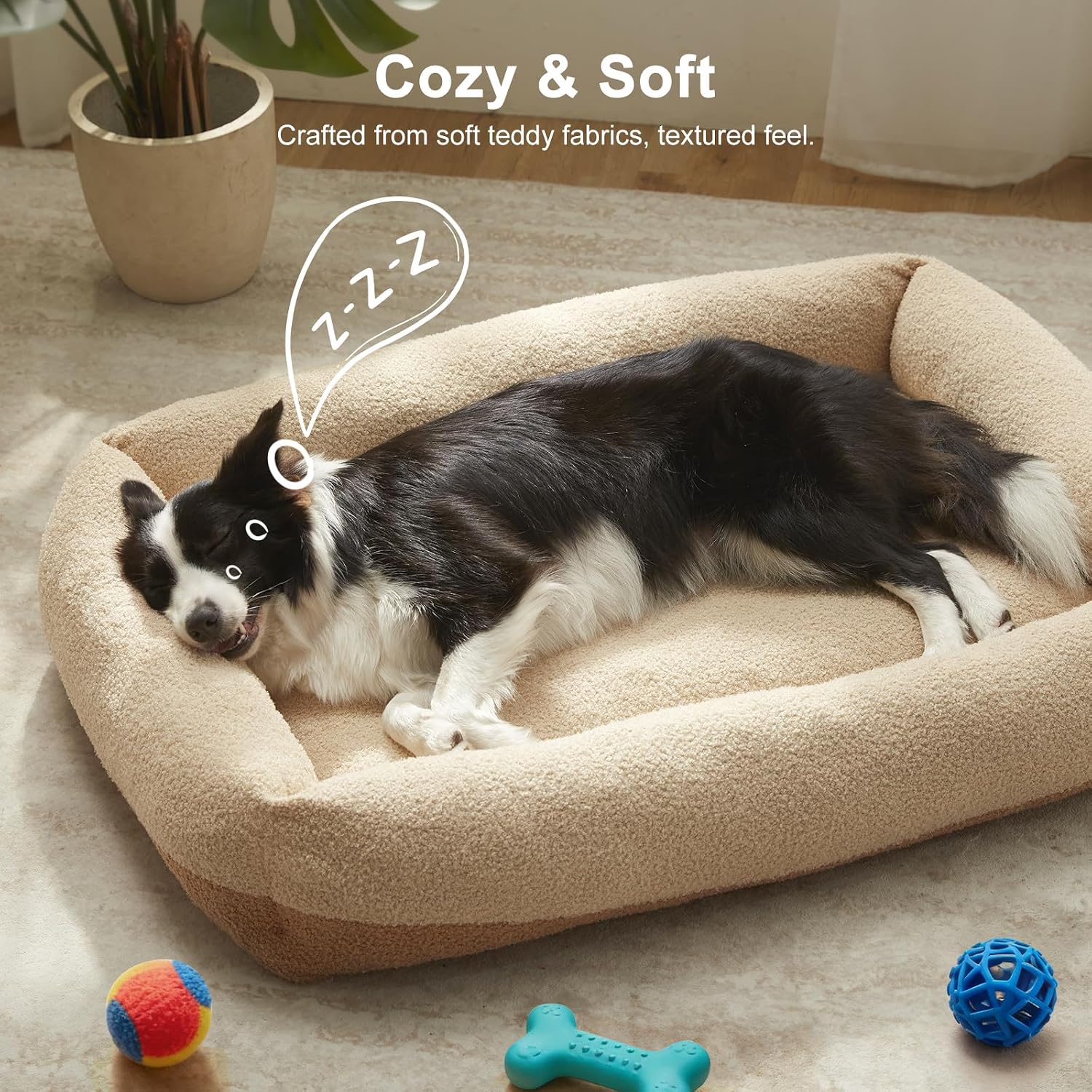 FURTIME Washable Dog Bed Medium Size Dogs, Rectangle Comfy Fluffy Small Dog Bed, Removable Zipper Cover Machine Wash, Orthopedic Bed Durable Pet Cuddler with Anti-Slip Bottom, 25x21x7 in, Beige