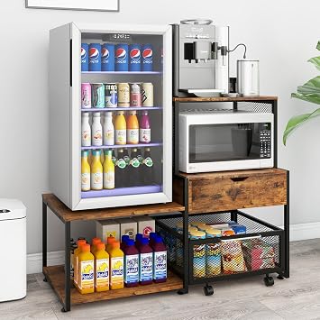 PUNCIA Mini Fridge Stand with Storage, Coffee Bar Cabinet with Power Outlet and Drawer   Beverage Refrigerator Table, Microwave Oven Stand with Rolling Basket for Home Dorm Apartment Office