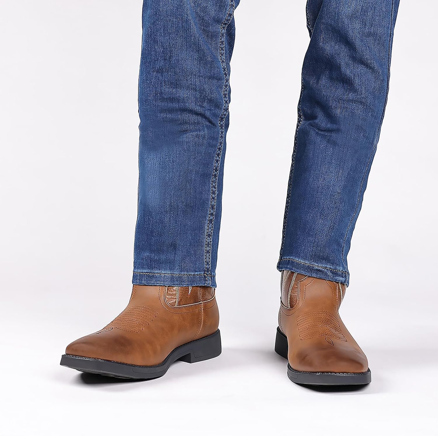 SelRoys Men’s cowboy boots with square toe pull-on embroidered shaft western boots for rodeo ranch riding wear