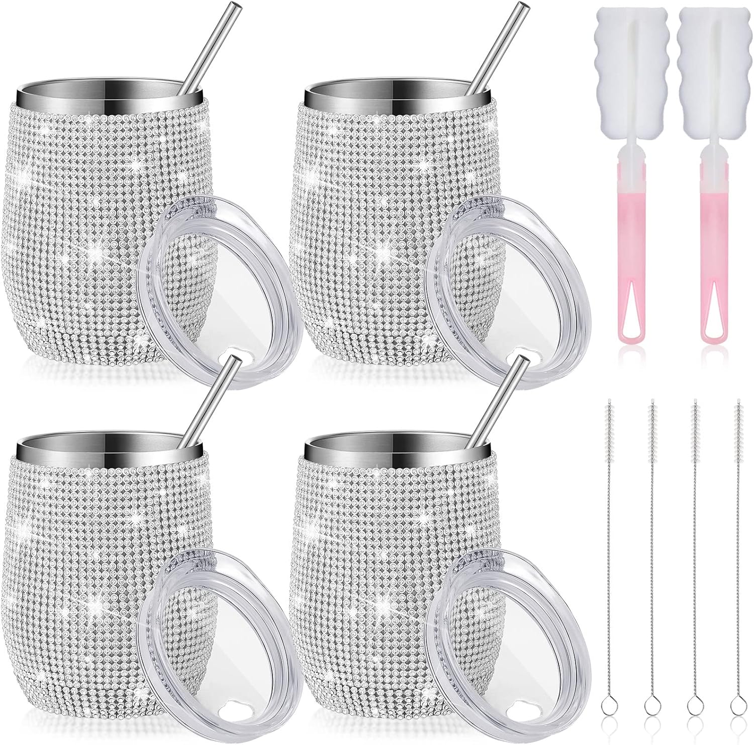 4 Set Bling Water Bottles 12 oz Bling Wine Tumbler Stainless Steel Diamond Rhinestone Cups with Lids Straws Cleaning Brush Glitter Cups for Women Wedding Bridal Shower Gifts Favors(Silver)