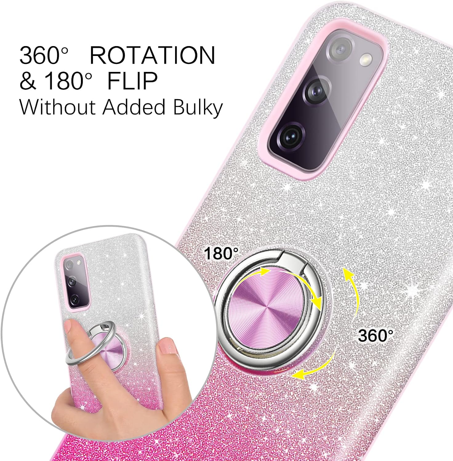 BENTOBEN Galaxy S20 FE Case, Samsung S20 FE Phone Case, Slim Thin Kickstand 360° Ring Holder Car Mount Soft TPU Rubber Bumper Hybrid Hard Drop Protection Shockproof Girls Women Cover, Pink Glitters