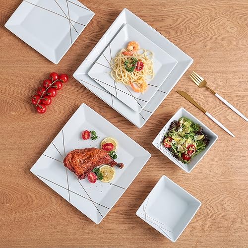 Miniatura 3 de DOMINI Juego de vajilla de cerámica de 12 piezas, servicio para 4, vajilla de porcelana cuadrada con platos llanos, platos de postre y cuencos para