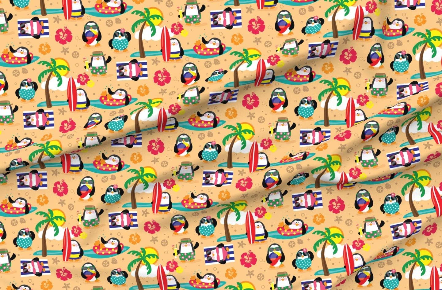 Spoonflower Fabric - Penguin, Island Paradise, Tropical, Animal, Beach, Sand, Ocean, Printed on Organic Cotton Sateen Fabric by The Yard - Sewing Quilting Apparel Home Decor