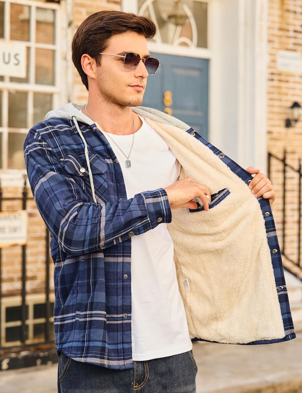 Cotrasen Flannel Jacket for Men with Hood Sherpa Lined Fleece Plaid Shirt Jacket Cotton Soft Warm Winter Coat with 5 Pokects - Image 3