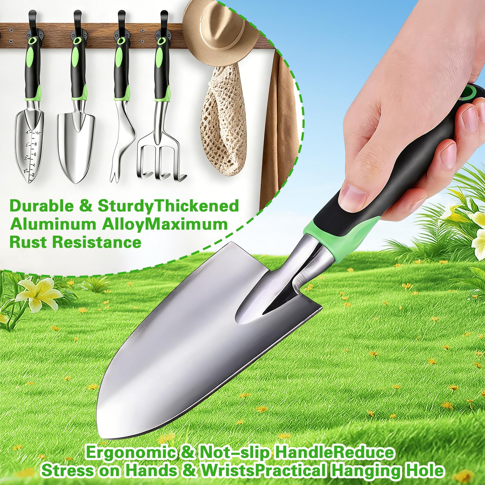 Set Attrezzi Giardinaggio Anti-Ruggine 8 Pezzi Kit Giardinaggio in Alluminio e Acciaio Inox con Forbici Tappetino Guanti e Borsa Ideale Regalo Giardiniere