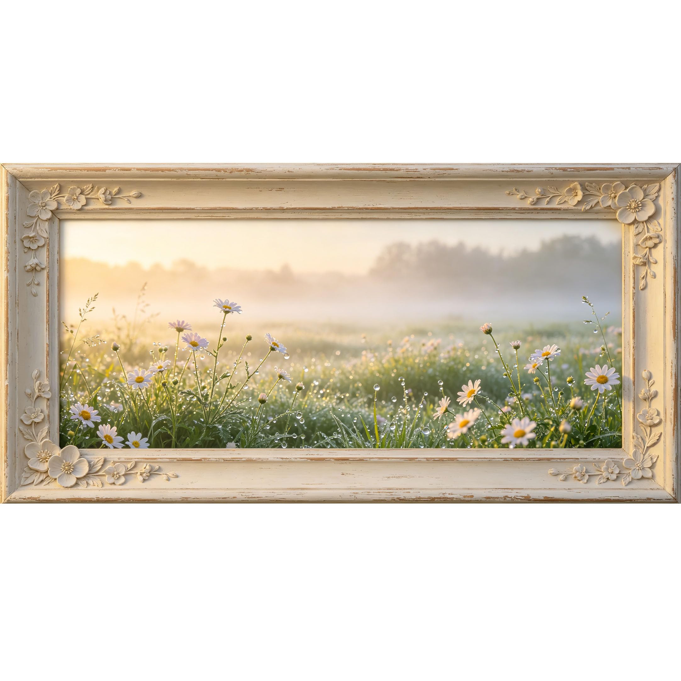 Agglomerix 3D Framed Wall Art Daisy Flower Meadow Botanical Sunrise Dew Landscape Large Size SelfAdhesive Removable Wall Decor Prints Artwork for Living Room Bedroom Office