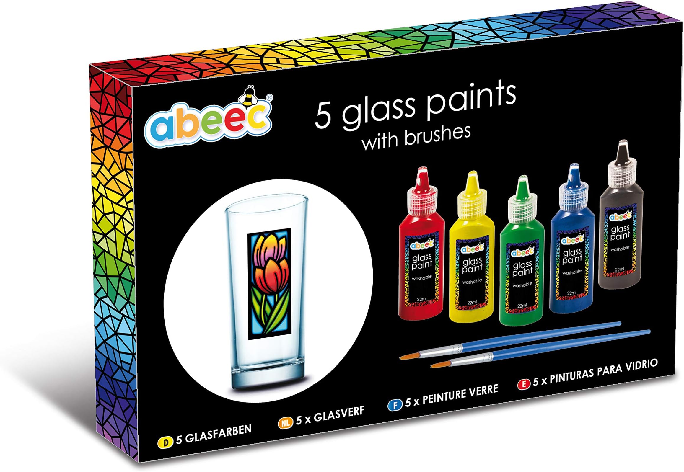 abeec Glass Paints Set - Create Stunning Stained Glass Art With 5 x Glass Paints And 2 x Brushes - Craft Supplies For Glass Painting - Art Supplies - Paint For Glass