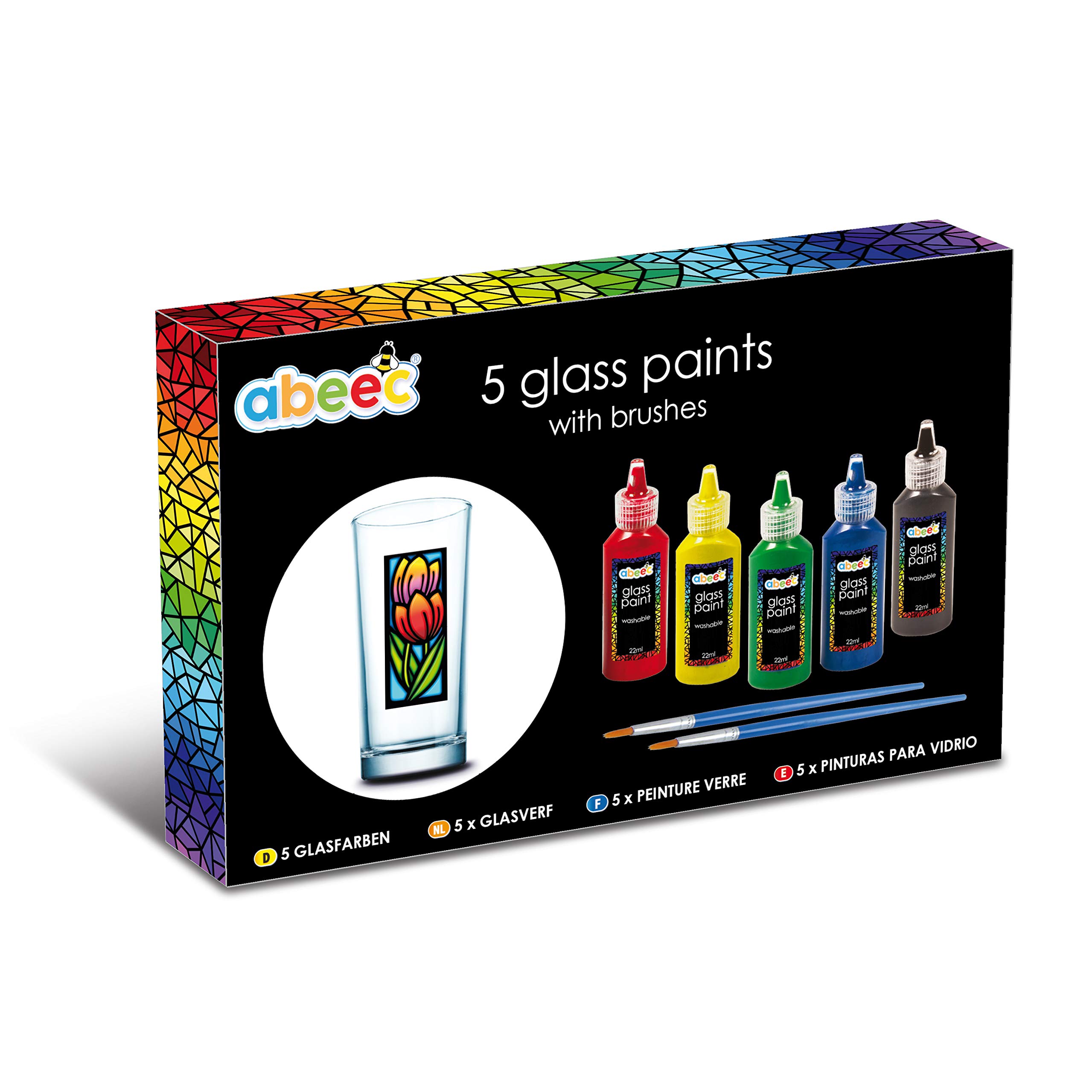 abeec Glass Paints Set - Create Stunning Stained Glass Art With 5 x Glass Paints And 2 x Brushes - Craft Supplies For Glass Painting - Art Supplies - Paint For Glass