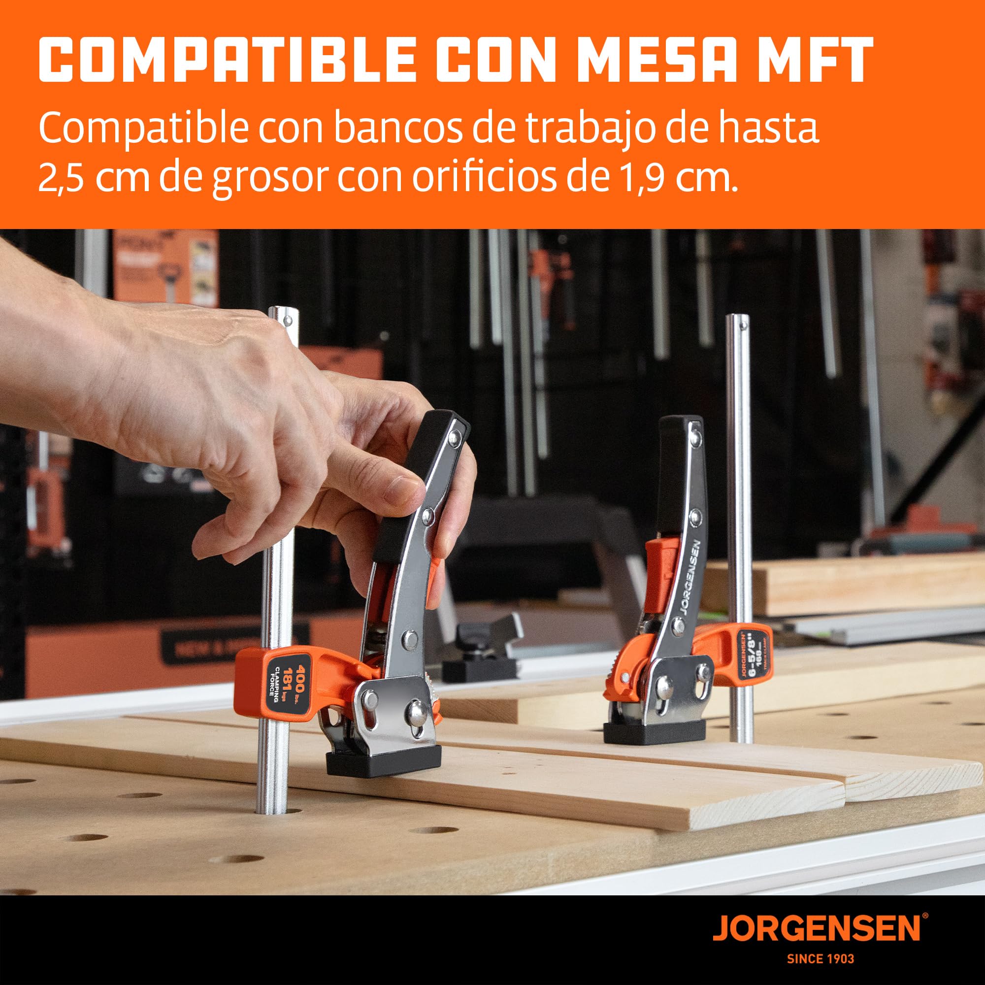 JORGENSEN Juego de 2 Abrazaderas de Trinquete para Guías de Sierra, con Mecanismo de Bloqueo, Fuerza Máxima 182 kg, Apertura 168 mm, para Carpintería y Tareas de Bricolaje