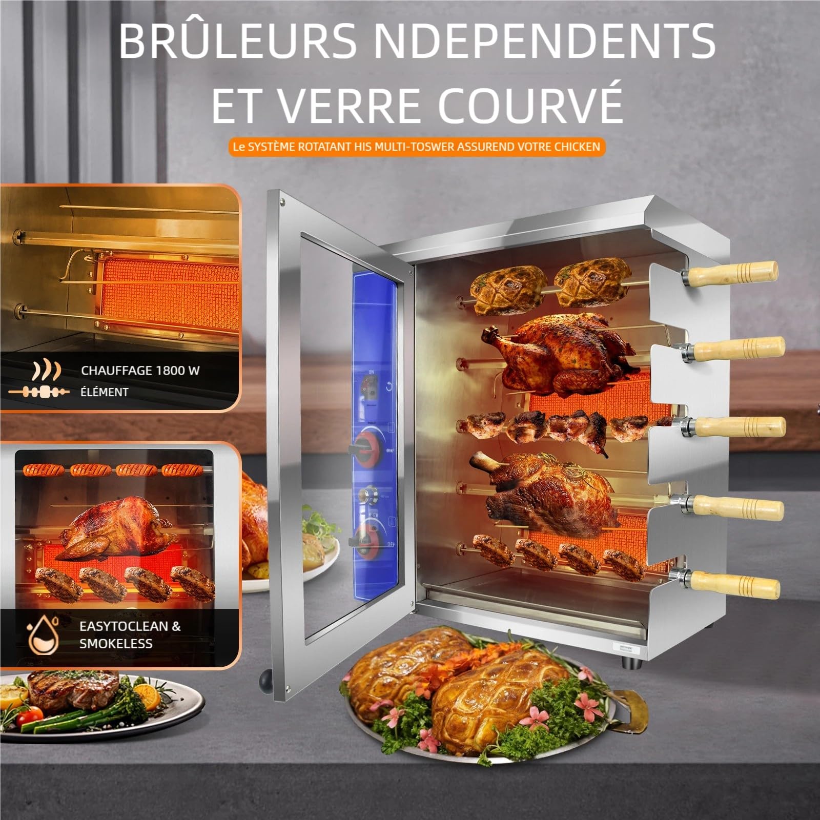 Rôtissoire à Poulet Professionnelle au Gaz – Four Rotatif Commercial Multi-Broches en Inox, Churrasco Brésilien, Idéal Restaurant et Traiteur
