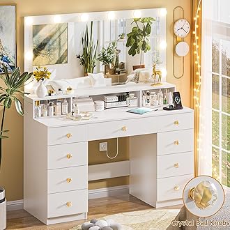 DINGIPP Vanity Desk with Lighted Mirror, Makeup Vanity Table with Power Outlet, 9 Drawers & Crystal Handles, 43.3” Large Vanity Desk Dressing Table for Women, Girls, Bedroom, White