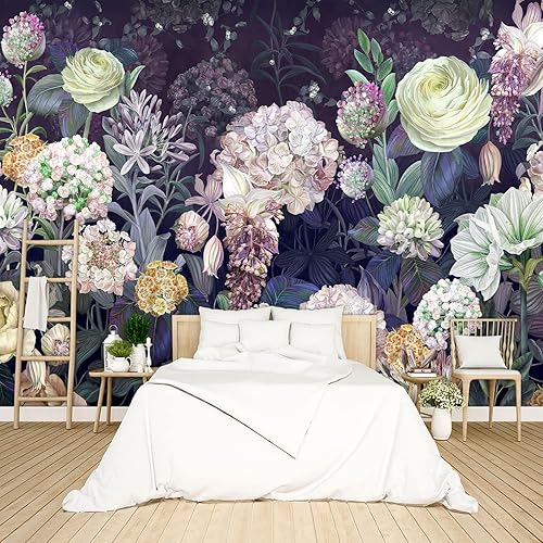 Papel tapiz floral negro para dormitorio, flores botánicas moradas, murales de hojas, sala de estar, fondo de televisión, mural de pared grande,