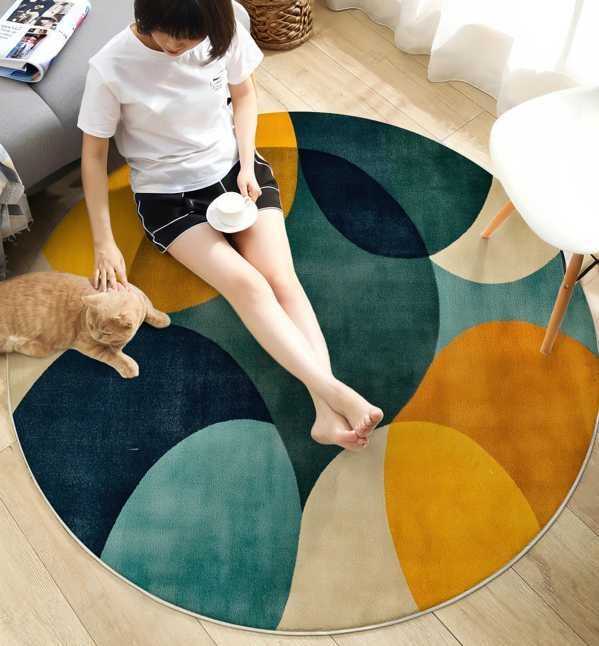 Teppich Rund 120cm, Kreise Farbblöcke Überlappungen Bedrucktes Teppich, Weich und Flauschig Minimalistisch Modern Geometrisch Teppiche, rutschfest Waschbar Senfgelb Teppiche für Schlafzimmer