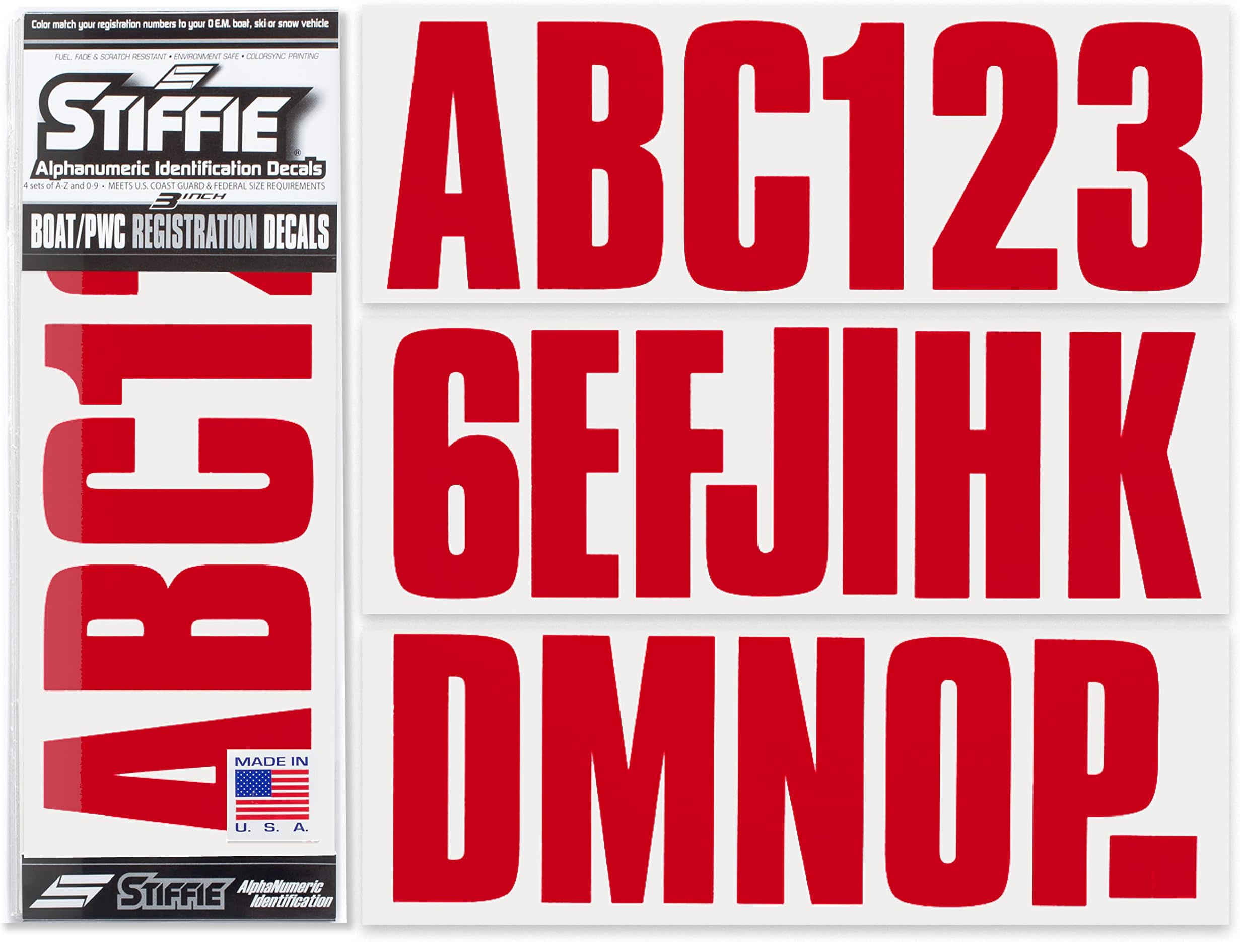 STIFFIE Uniline Red 3" Alpha-Numeric Registration Identification Numbers Stickers Decals for Boats & Personal Watercraft