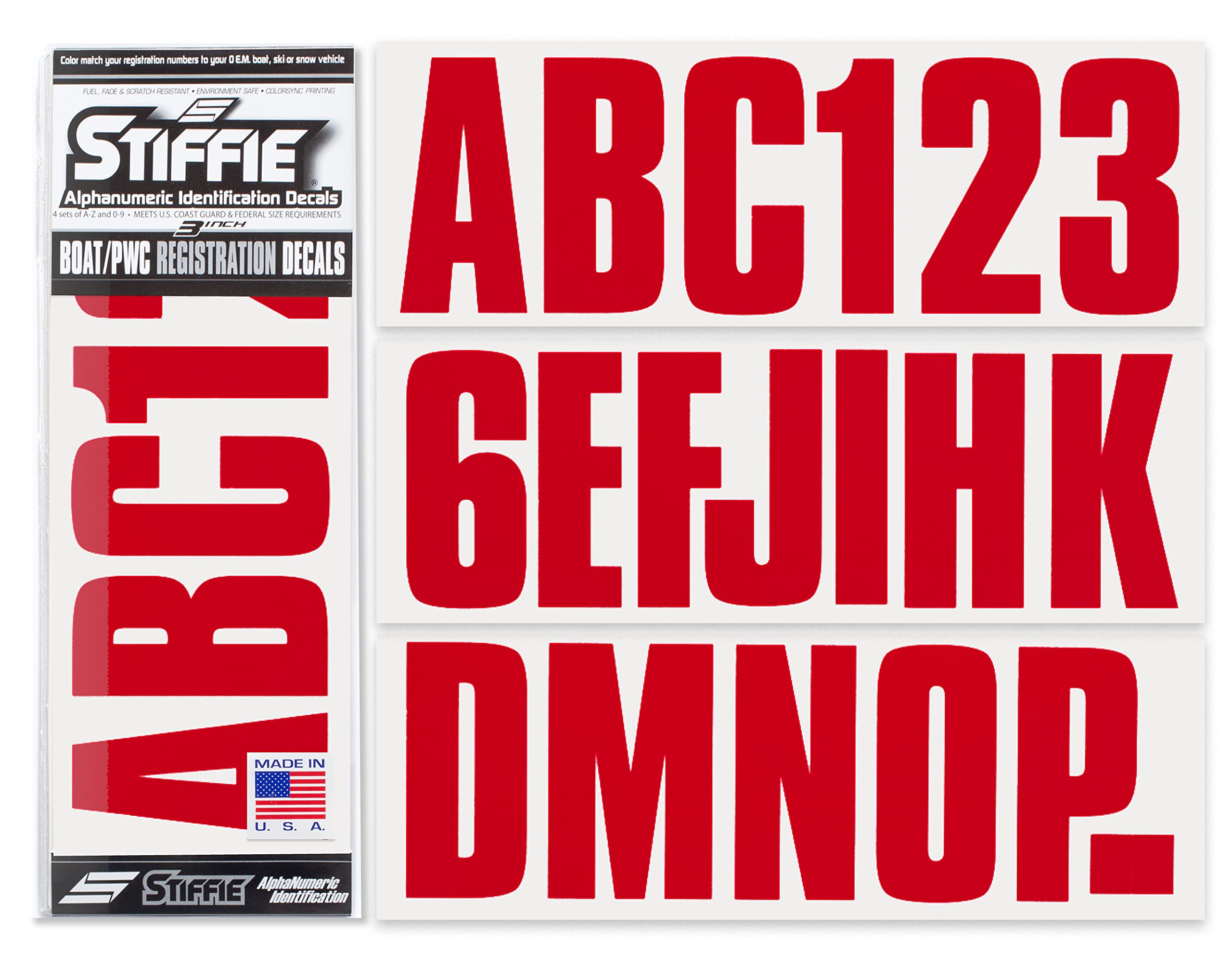 STIFFIE Uniline Red 3" Alpha-Numeric Registration Identification Numbers Stickers Decals for Boats & Personal Watercraft