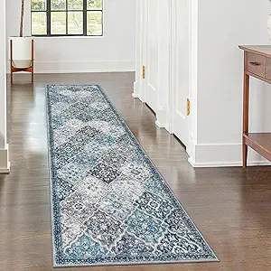 KILOCOCO 2x7 Runner Rug, Moroccan Super Soft Washable Hallway Runner Rug, Accent Print Faux Wool Kitchen Runner Rug 7 Feet Non-Slip Runners Boho Rug Runners for Laundry Room Bedroom, Blue/Multi