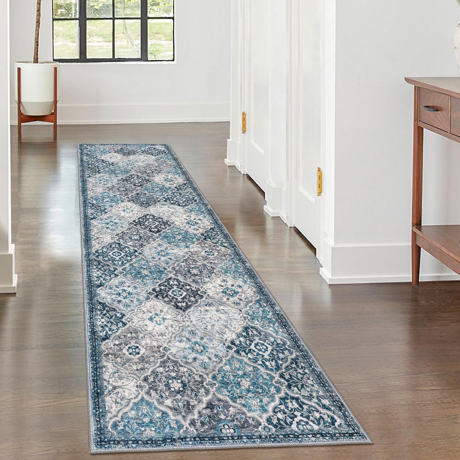 KILOCOCO 2x7 Moroccan Runner Rug, Blue/Multi Super Soft Washable Hallway Runner Rug, Accent Print Faux Wool Kitchen Rug 7 Feet Non-Slip Runners Boho