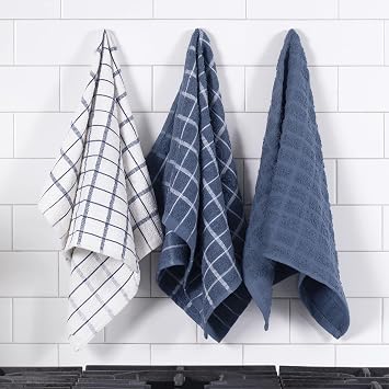 Ritz Premium 100% Cotton Terry Check Kitchen Dish Towels - Highly Absorbent, Super Soft, Long-Lasting, 25x15, 3-Pack, Federal Blue