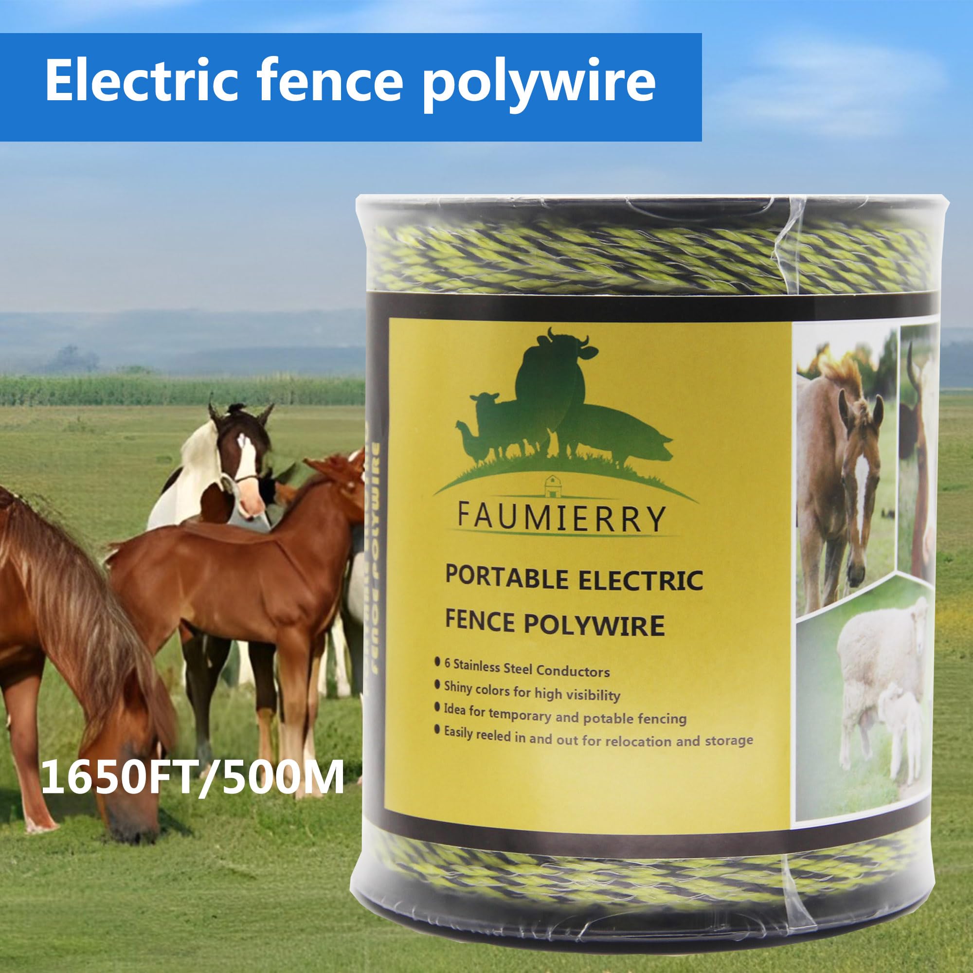 Valla eléctrica portátil de polialambre de 1650 pies y 500 metros, 6 conductores de acero inoxidable para una conductividad confiable, tratamiento UV, resistencia a la corrosión, amarillo y