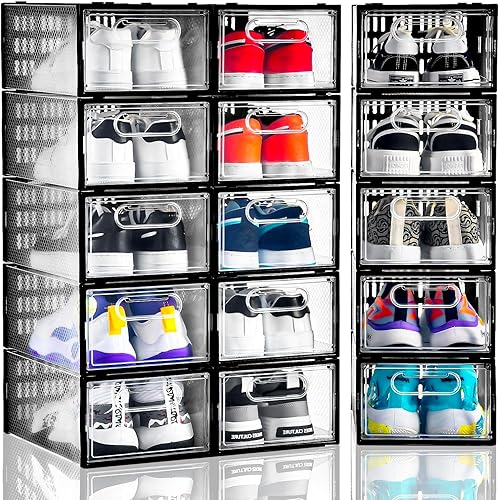 Clemate Paquete de 15 cajas de almacenamiento de zapatos, organizador de zapatos apilable de plástico transparente para armario, caja de zapatos con