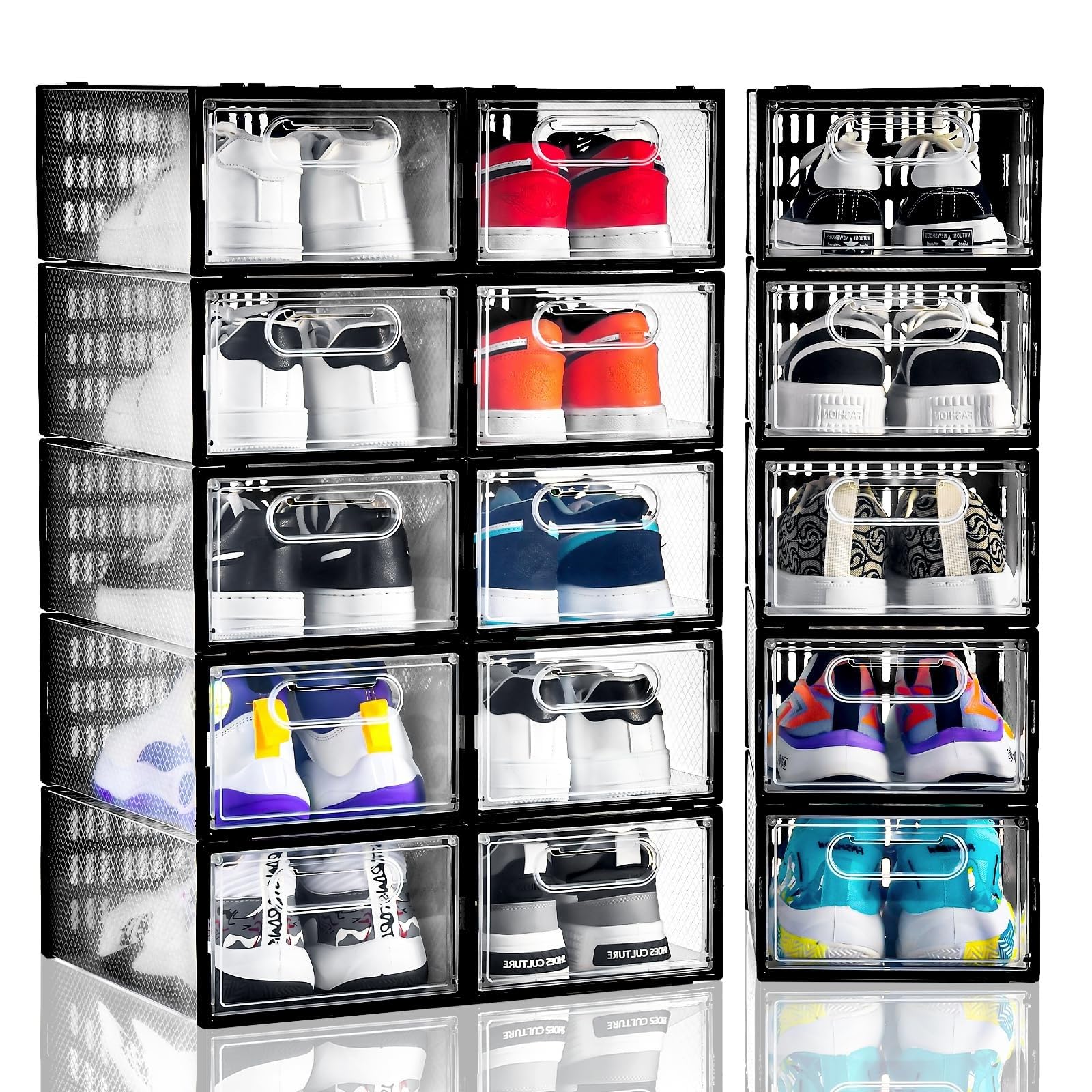 Clemate 15 Pack Shoe Storage Boxes, Clear Plastic Stackable Shoe Organizer for Closet, Shoe Box with Magnetic Door, Foldable Shoe Storage Bin, Sneaker Storage Box Shoe Rack Container Holder, Size 9