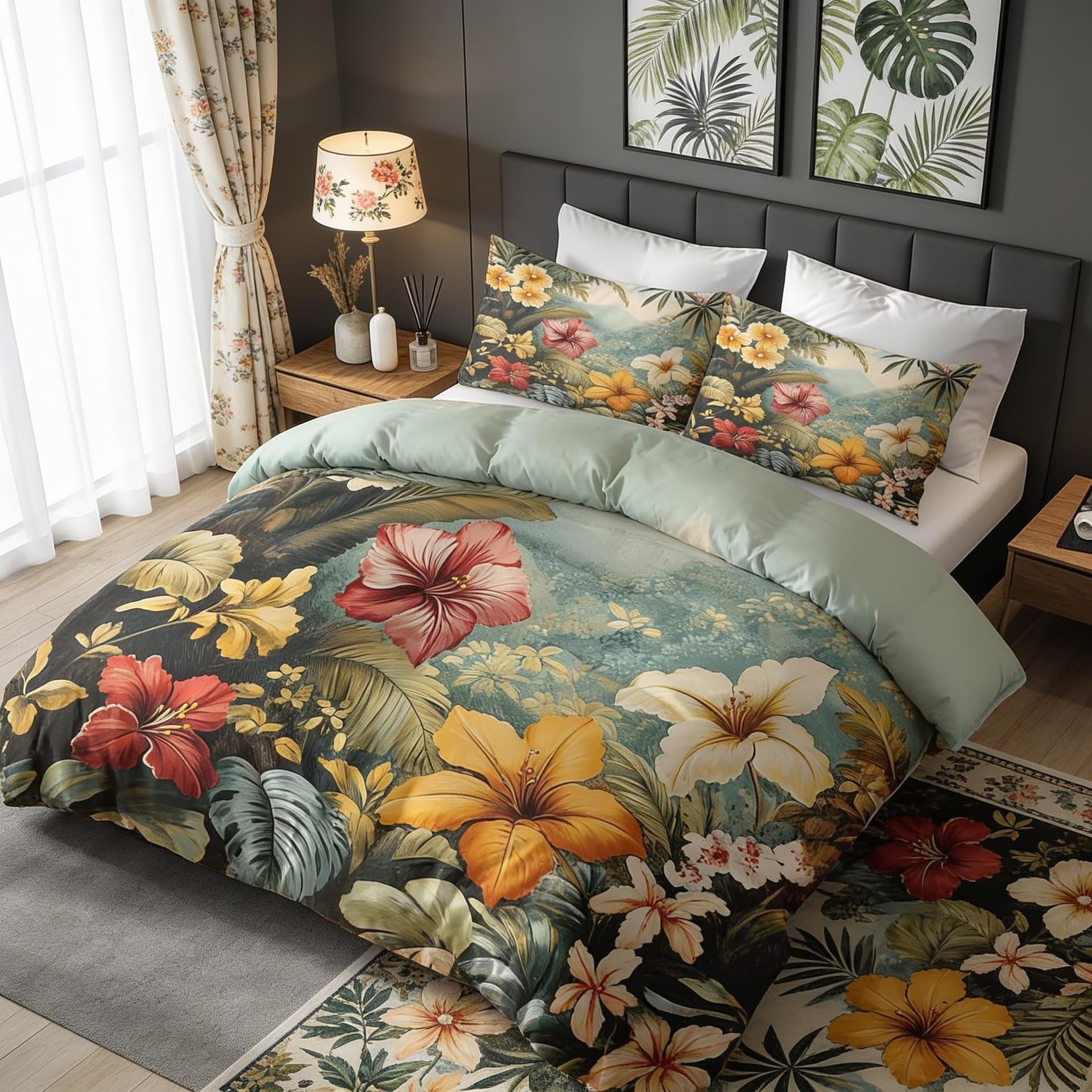 Parure de lit motif floral hawaïen en microfibre pour chambre adulte ambiance exotique