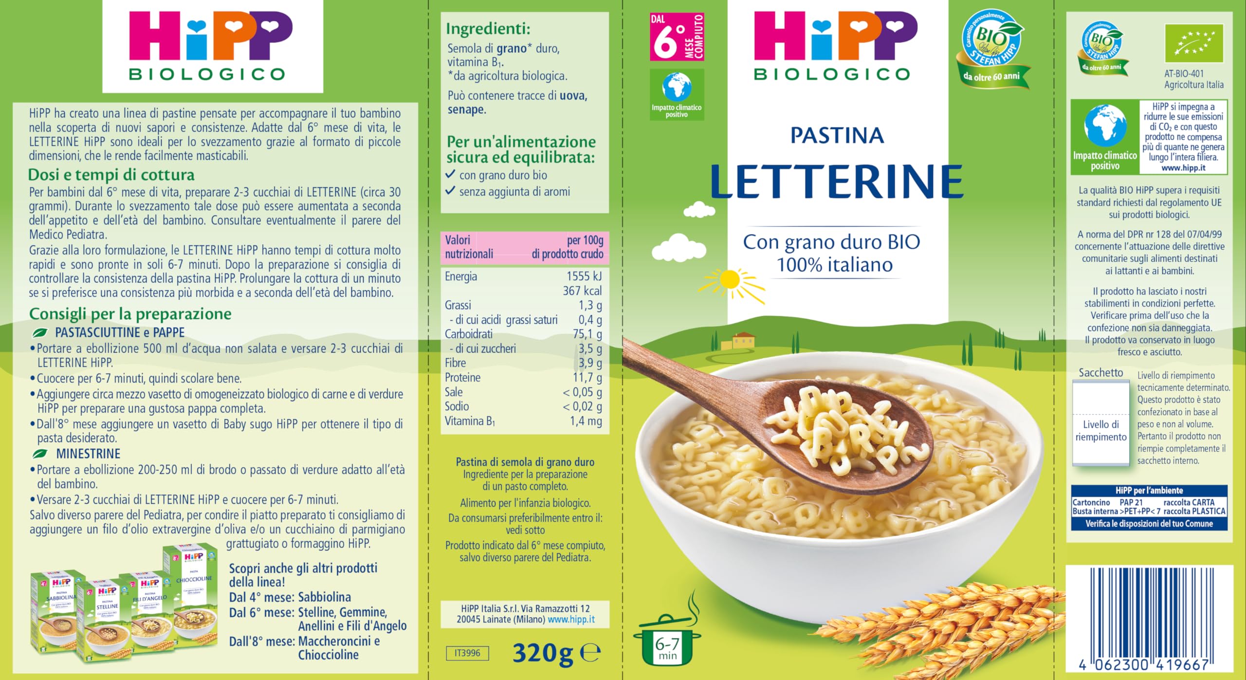 HiPP - Pastina per Svezzamento a Forma di Letterine, con Grano Duro Biologico 100% Italiano, 12 Confezioni 320 gr