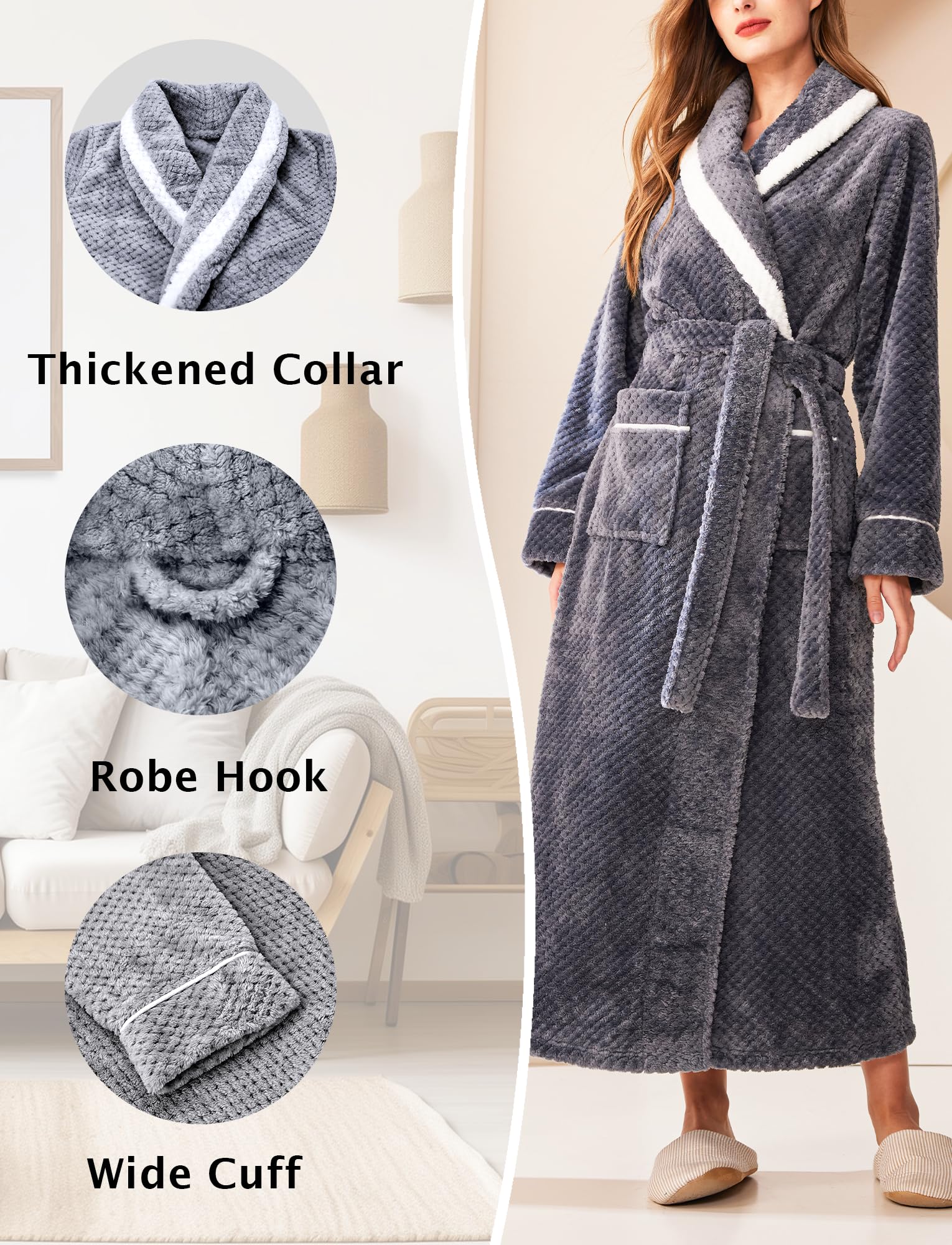 Maeau - Albornoz Largo de Mujer Cálida Bata de Baño Albornoz Cuadros Solapa Piña Ropa de Dormir Hogar Albornoz Informal Parejas Otoño Invierno M XL 3XL