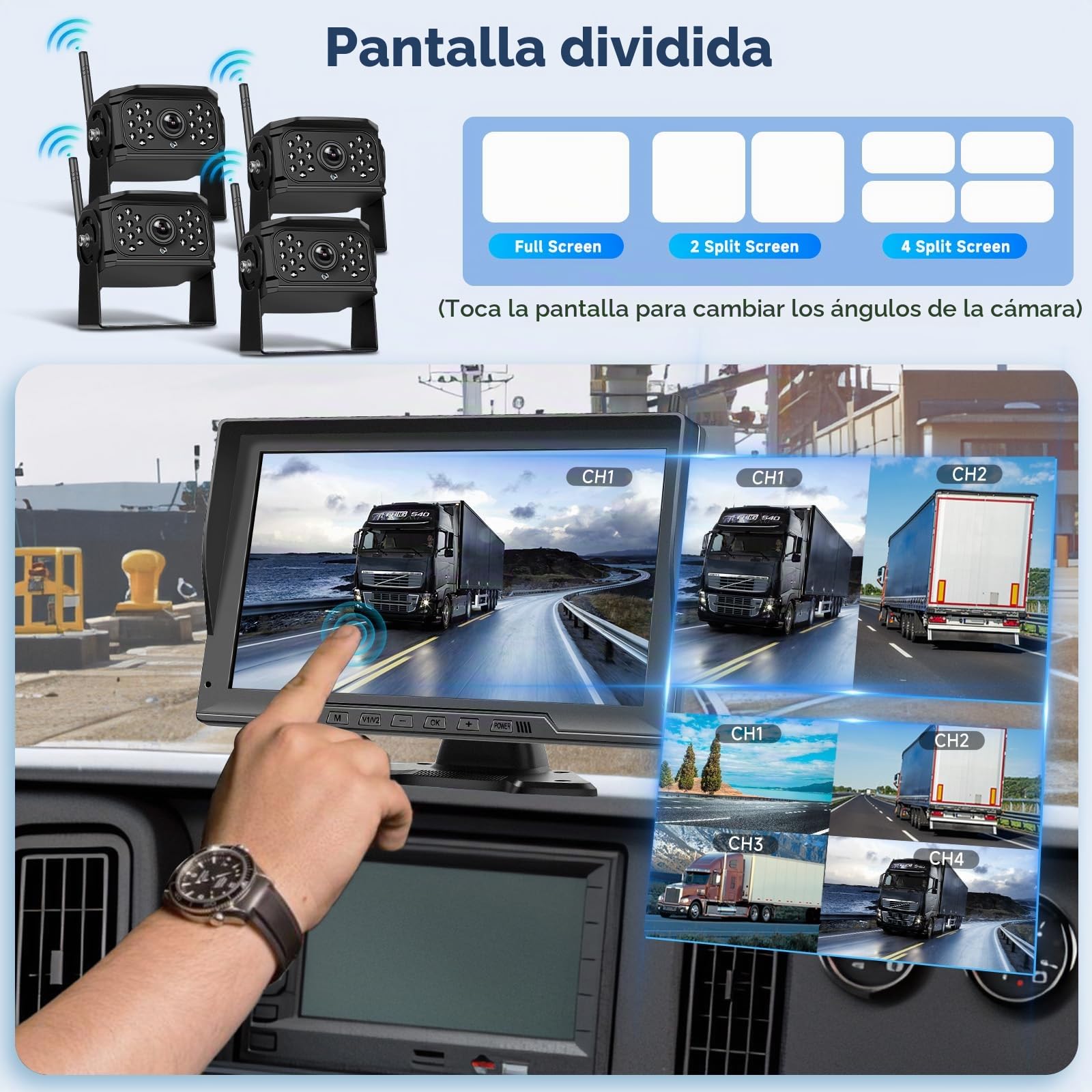 Podofo Cámara Trasera inalámbrica Digital 4 con Monitor de 10.1", HD 720P, IP68, visión Nocturna Impermeable, Sistema de 4 cámaras de Respaldo divididas para camión, Remolque y Caravana