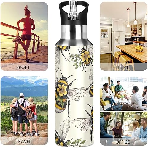 Miniatura 5 de Insulated Stainless Steel Water Bottle with Straw 20 Oz, Leakproof Water Bottles for Gym Outdoor Travel School, Yellow Flowers Leaves Wings